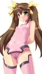 Rule 34 | 10s, 1girl, arms behind back, bare shoulders, blush, bodysuit, breasts, brown hair, cameltoe, covered erect nipples, covered navel, cowboy shot, crotch, dutch angle, from below, green eyes, hair between eyes, hair ribbon, halterneck, highres, huang lingyin, infinite stratos, leotard, light smile, long hair, looking at viewer, outline, pelvic curtain, pilot suit, pink thighhighs, ribbon, sidelocks, simple background, small breasts, smile, solo, thighhighs, tsukishiro kou, turtleneck, twintails, white background