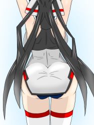 Rule 34 | 10s, 1girl, arms up, artist request, ass, backboob, black hair, breasts, from behind, hair ribbon, infinite stratos, large breasts, leotard, long hair, pilot suit, ponytail, ribbon, shinonono houki, solo, split ponytail, thighhighs, very long hair