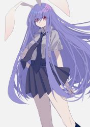 Rule 34 | 1girl, absurdres, animal ears, black legwear, black neckerchief, black skirt, chinese commentary, closed mouth, commentary, hair between eyes, hand on own hip, highres, long hair, looking at viewer, neckerchief, purple hair, rabbit ears, red eyes, reisen udongein inaba, serious, shirt, shocho (shaojiujiu), simple background, skirt, solo, thighs, touhou, unfinished, very long hair, white background, white shirt