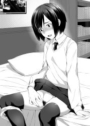 Rule 34 | 1girl, absurdres, bad id, bad pixiv id, bed, bed sheet, blouse, blush, bookshelf, female pubic hair, greyscale, highres, kyuuso inukami, long sleeves, looking down, monochrome, necktie, nose blush, on bed, open mouth, original, panties, panties around leg, photo (object), pillow, pleated skirt, pubic hair, school uniform, shirt, short hair, sitting, skirt, solo, spread legs, sweater vest, thighhighs, underwear