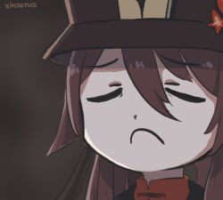 Rule 34 | 1girl, artist name, brown background, brown hair, chinese clothes, closed eyes, closed mouth, commentary, english commentary, flower, frown, genshin impact, hair between eyes, hat, hu tao (genshin impact), long hair, low twintails, porkpie hat, portrait, simple background, solo, twintails, xinzoruo