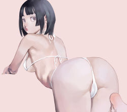 Rule 34 | 1girl, all fours, ass, back, barefoot, bikini, black hair, blunt bangs, breasts, cameltoe, from behind, highres, inamitsu shinji, lips, looking at viewer, looking back, medium breasts, original, paid reward available, partially visible vulva, pink background, purple eyes, short hair, simple background, solo, swimsuit, white bikini