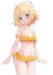 Rule 34 | 1girl, absurdres, bare arms, bare shoulders, bikini, blonde hair, breasts, collarbone, commentary request, gochuumon wa usagi desu ka?, green eyes, groin, head tilt, highres, jilu, kirima syaro, looking at viewer, navel, open mouth, simple background, small breasts, solo, swimsuit, white background, yellow bikini