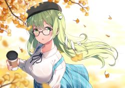 Rule 34 | 1girl, absurdres, alternate costume, autumn, beret, bespectacled, black-framed eyewear, blue skirt, breasts, cup, floating hair, frog hair ornament, ginkgo tree, glasses, green eyes, green hair, hair ornament, hat, highres, holding, holding cup, kochiya sanae, large breasts, long hair, long sleeves, looking at viewer, parted lips, shirt, skirt, snake hair ornament, solo, touhou, white shirt, yaruwashi
