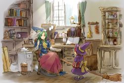 Rule 34 | 2girls, arm up, ascot, book, bookshelf, box, broom, capelet, chair, chemistry set, chest of drawers, child, crystal ball, cupboard, desk, dress, female focus, ghost, ghost tail, green eyes, green hair, hat, jar, kazuharu, kirisame marisa, kirisame marisa (pc-98), mima (touhou), multiple girls, open mouth, pc98, pectorals, pot, purple dress, red hair, room, scroll, shirt, sitting, skirt, teapot, touhou, touhou (pc-98), trash can, tray, window, witch, witch hat