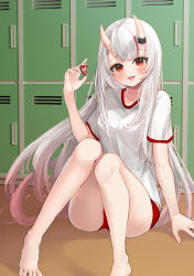 Rule 34 | 1girl, bloomers, blush, buruma, candy, chocolate, chocolate heart, collarbone, food, heart, holding, holding chocolate, holding food, hololive, horns, legs, locker, long hair, looking at viewer, multicolored hair, nakiri ayame, on floor, oni, open mouth, red eyes, shancha, skin-covered horns, smile, solo, sweets, thighs, two-tone hair, underwear, virtual youtuber, white hair