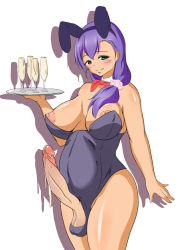 Rule 34 | 10s, 1girl, animal ears, artist request, bare shoulders, belly, blush, bow, bowtie, breasts, champagne glass, cum, cum in container, cum in cup, cup, detached collar, drinking glass, erection, fake animal ears, full-package futanari, futanari, glass, green eyes, holding, holding tray, large breasts, large penis, leotard, long hair, looking at viewer, love live!, love live! school idol project, nipples, penis, playboy bunny, puffy nipples, purple hair, rabbit ears, scrunchie, simple background, smile, solo, testicles, tojo nozomi, tray, uncensored, waitress, wine glass