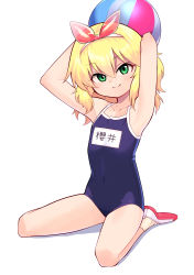Rule 34 | 1girl, ankle socks, armpits, arms behind head, arms up, ball, beachball, blue one-piece swimsuit, bow, bow hairband, character name, competition school swimsuit, evolvingmonkey, from side, full body, green eyes, hair between eyes, hairband, head tilt, highres, holding, holding ball, idolmaster, idolmaster cinderella girls, looking at viewer, medium hair, name tag, one-piece swimsuit, red bow, sakurai momoka, school swimsuit, see-through, shoes, simple background, sitting, smile, socks, solo, spread legs, swimsuit, thighs, uwabaki, wavy hair, white background, white footwear