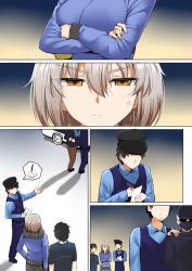 Rule 34 | 1girl, 3boys, ahoge, anger vein, annoyed, bandana, bandana over mouth, comic, crook, crossed arms, fate/grand order, fate (series), ginhaha, hat, interrogation, jacket, jeanne d&#039;arc (fate), jeanne d&#039;arc alter (avenger) (fate), jeanne d&#039;arc alter (fate), multiple boys, peaked cap, police, police uniform, policeman, short hair, sunglasses, surprised, uniform, vest, writing, yellow eyes