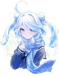 Rule 34 | 1girl, blue eyes, blue gemstone, blue hair, blue scarf, blush, bow, commentary, cropped torso, double bun, drop-shaped pupils, furina (genshin impact), gem, genshin impact, hair between eyes, hair bow, hair bun, hairstyle request, heterochromia, highres, long hair, long sleeves, looking at viewer, midorinokaibutu4500, mismatched pupils, multicolored hair, open mouth, plaid, plaid scarf, scarf, solo, steam, streaked hair, symbol-only commentary, symbol-shaped pupils, twintails, white background, white hair