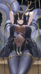 Rule 34 | 1girl, absurdres, antlers, arms up, azur lane, black hair, breast curtains, breasts, center opening, chain, cleavage, from below, golden hind (azur lane), hair between eyes, highres, horns, huge breasts, large breasts, long hair, looking at viewer, purple eyes, see-through, see-through cleavage, solo, tentacles, tongue, tongue out, underboob, user vzzn2855, very long hair