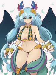 Rule 34 | 1girl, bare arms, blue hair, blush, braid, breasts, character request, claws, closed mouth, collarbone, commentary request, cowboy shot, feathered wings, feathers, green eyes, highres, large breasts, long hair, looking at viewer, monster girl, monster musume td, simple background, smile, solo, split mouth, twintails, very long hair, white background, wings, yonaga san