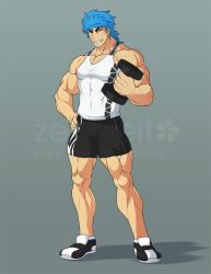 Rule 34 | 10s, 1boy, blue hair, dumbbell, grin, male focus, muscular, smile, solo, standing, tagme, tank top, toriko, toriko (series), weights
