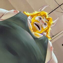 Rule 34 | 1boy, animal ears, asgore dreemurr, bara, beard, chonkyjohn, cow ears, cow horns, facial hair, foreshortening, from below, full beard, furry, furry male, horns, large pectorals, looking at viewer, looking down, male focus, mature male, meme, minotaur, muscular, muscular male, nipple slip, nipples, pectoral cleavage, pectoral focus, pectorals, pencil mustache, photo-referenced, short hair, sidepec, solo, sparse chest hair, tank top, thick beard, thick eyebrows, undertale, upper body, white fur, yur oc like this (meme)