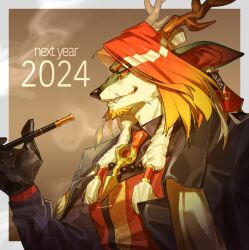 1boy 2024 animal_ears arknights beard black_coat black_gloves black_shirt border braid coat colored_sclera dragon_boy dragon_ears dragon_horns earrings english_text facial_hair fang furry furry_male gloves goatee highres holding holding_smoking_pipe horns jewelry looking_at_viewer male_focus mature_male multicolored_hair necktie orange_hair orange_necktie orange_sclera pluto_(pu94_d1de4c) red_eyes shirt smoke smoke_trail smoking_pipe tassel tassel_earrings twin_braids upper_body wei_yenwu_(arknights) white_border white_hair