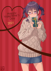 Rule 34 | 1girl, aoi sora (pairan), artist logo, bespectacled, black-framed eyewear, black hair, blue ribbon, brown eyes, closed mouth, dated, denim, denim skirt, english text, gift, glasses, grey sweater, hair ornament, hair ribbon, hairclip, happy valentine, heart, highres, holding, holding gift, knit sweater, long sleeves, looking at viewer, medium hair, miniskirt, pairan, red background, ribbon, skirt, smile, solo, standing, striped, striped background, sweater, turtleneck, twintails, valentine, vertical stripes