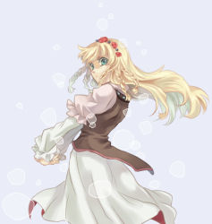 Rule 34 | 1girl, blonde hair, blue eyes, braid, flower, hair flower, hair ornament, long hair, md5 mismatch, miho (mi), red flower, red rose, resolution mismatch, rose, shirley fennes, solo, source larger, tales of (series), tales of legendia, white background