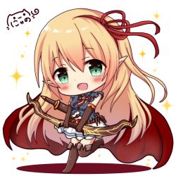 Rule 34 | 1girl, :d, blonde hair, blue shirt, blush, bow (weapon), brown footwear, brown gloves, brown thighhighs, cape, character request, chibi, commentary request, elbow gloves, gloves, green eyes, hair between eyes, hair ribbon, head tilt, heart, heart in eye, highres, holding, holding bow (weapon), holding weapon, long hair, looking at viewer, nyano21, open mouth, pleated skirt, pointy ears, princess connect!, red cape, red ribbon, ribbon, shirt, signature, skirt, sleeveless, sleeveless shirt, smile, solo, sparkle, standing, standing on one leg, symbol in eye, thighhighs, thighs, very long hair, weapon, white background, white skirt