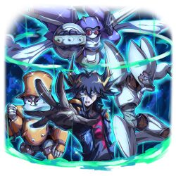 Rule 34 | 4boys, absurdres, armor, black hair, black shirt, blonde hair, blue armor, blue jacket, brown gloves, facial mark, fudo yusei, gloves, highres, jacket, junk synchron, junk warrior, multicolored hair, multiple boys, open mouth, outstretched arm, shirt, speed warrior, two-tone hair, upper body, vincent graphic art, white armor, yu-gi-oh!, yu-gi-oh! 5d&#039;s