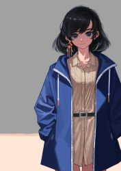 Rule 34 | 1girl, absurdres, belt, belt buckle, black belt, black eyes, black hair, blue coat, bob cut, buckle, buttons, coat, dress shirt, earrings, grey background, hair strand, hands in pockets, highres, jewelry, kaneni, light smile, looking at viewer, no pants, open clothes, open coat, original, pink background, shirt, short hair, solo, striped, swept bangs, unzipped, yellow shirt