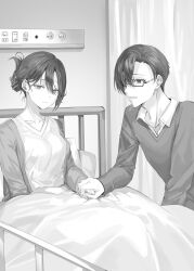 Rule 34 | 1boy, 1girl, bed, breasts, claw hair clip, closed mouth, collarbone, collared shirt, commentary request, frown, furrowed brow, greyscale, hair between eyes, hair ornament, hair over one eye, hairclip, highres, holding hands, hospital bed, kuze kyoutarou, looking at another, looking at viewer, momoko (momopoco), monochrome, parted lips, second-party source, shirt, short hair, sitting, suou yumi, tokidoki bosotto roshia-go de dereru tonari no arya-san, wing collar