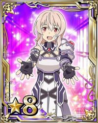 Rule 34 | 10s, 1girl, ahoge, armor, breastplate, breasts, card (medium), cleavage, fingerless gloves, gloves, medium breasts, mole, mole on breast, open mouth, pink eyes, pink hair, short hair with long locks, solo, star (symbol), strea (sao), sword art online
