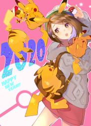 Rule 34 | 1girl, 2020, :3, atsumi jun, backpack, bag, brown bag, brown eyes, brown hair, chinese zodiac, creatures (company), detective pikachu, detective pikachu (character), detective pikachu (movie), game freak, gen 1 pokemon, gloria (pokemon), green headwear, grey hoodie, hand up, happy new year, hat, holding, holding poke ball, holding pokemon, hood, hood down, hoodie, long sleeves, miniskirt, new year, nintendo, open mouth, pikachu, pink skirt, poke ball, poke ball (basic), pokemon, pokemon (creature), pokemon swsh, short hair, skirt, wrinkled frown (detective pikachu), year of the rat