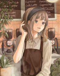 Rule 34 | 1girl, absurdres, apron, black hairband, brown apron, brown eyes, brown hair, cafe, coffee maker, collared shirt, commentary request, dress shirt, gucheng jianglixiang, hairband, hand up, highres, indoors, looking away, looking to the side, original, parted lips, plant, shirt, short sleeves, smile, solo, upper body, white shirt