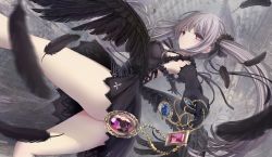 Rule 34 | 1girl, architecture, black dress, building, dress, falling, feathers, gem, gothic architecture, gothic lolita, grey hair, highres, holding, lolita fashion, long hair, looking at viewer, missile228, no panties, original, red eyes, smile, thighs, wings