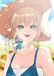 1girl ahoge alternate_costume artoria_pendragon_(fate) bare_shoulders blonde_hair blue_dress blue_sky cloud collarbone commentary dress fate/stay_night fate_(series) field floating_hair flower flower_field green_eyes hat highres looking_at_viewer open_mouth roku_(ntbr_fate) saber_(fate) sidelocks sky smile solo straw_hat sun_hat sunflower sunlight symbol-only_commentary teeth yellow_flower