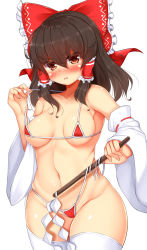 Rule 34 | &gt;:(, 1girl, alternate costume, armpits, bare shoulders, bikini, black hair, blush, bow, breasts, brown eyes, closed mouth, collarbone, cowboy shot, daichi (tokoya), detached sleeves, embarrassed, frown, gohei, hair bow, hair tubes, hakurei reimu, highres, lips, long hair, long sleeves, looking at viewer, md5 mismatch, medium breasts, micro bikini, navel, nose blush, red bikini, red bow, side-tie bikini bottom, sidelocks, solo, stomach, swimsuit, thick thighs, thighhighs, thighs, touhou, v-shaped eyebrows, white background, white thighhighs, wide sleeves