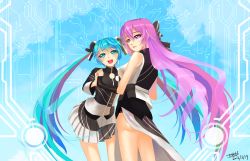 Rule 34 | 2girls, :d, black gloves, blue eyes, blue hair, bow, double bun, fingerless gloves, gloves, hair bow, hatsune miku, long hair, megurine luka, multiple girls, open mouth, pink eyes, pink hair, project diva (series), project diva extend, skirt, smile, tianlluo, twintails, ura-omote lovers (vocaloid), very long hair, vocaloid