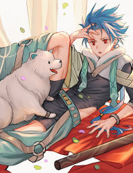 Rule 34 | 1boy, 1other, animal, asymmetrical bangs, asymmetrical clothes, belt, blue hair, bodysuit, bodysuit under clothes, bracelet, clothing cutout, cu chulainn (fate), dog, earrings, fate/grand order, fate/grand order arcade, fate (series), high collar, highres, jewelry, lalatia-meai, long hair, looking at another, open mouth, ponytail, puppy, red eyes, setanta (fate), slit pupils, spiked hair, thigh cutout