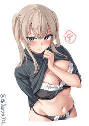Rule 34 | 1girl, black bra, blonde hair, blue eyes, blush, bra, breasts, cleavage, clothes lift, cowboy shot, ebifurya, frilled bra, frilled panties, frills, graf zeppelin (kancolle), hair between eyes, highres, kantai collection, large breasts, lifted by self, lips, navel, panties, ribbed sweater, ribbon panties, sidelocks, simple background, solo, stomach, sweat, sweatdrop, sweater, sweater lift, tsurime, twintails, twitter username, underwear, white background