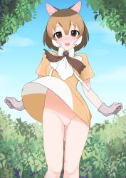 Rule 34 | 1girl, :d, accidental exposure, animal ears, blue sky, blush, bow, bowtie, breasts, brown dress, brown eyes, brown hair, bush, chevrotain (kemono friends), cleft of venus, cloud, commentary request, day, dress, feet out of frame, gloves, grey gloves, hair between eyes, highres, illu (illu stratos), japari symbol, kemono friends, kemono friends kingdom, looking at viewer, medium bangs, medium breasts, multicolored hair, open mouth, outdoors, pussy, short hair, short sleeves, sky, smile, solo, standing, uncensored, white bow, white bowtie, white hair, wind, wind lift