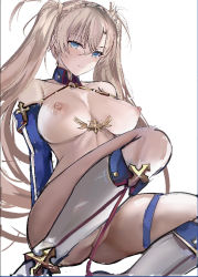Rule 34 | 1girl, aliasing, ass, bare shoulders, blonde hair, blue eyes, blush, boots, bradamante (fate), braid, breasts, closed mouth, crown braid, detached collar, elbow gloves, fate/grand order, fate (series), french braid, gloves, hair between eyes, hair ornament, highleg, highleg leotard, knee boots, large breasts, legs, leotard, long hair, looking at viewer, misaka 12003-gou, nipples, simple background, sitting, solo, thigh strap, thighs, twintails, uncensored, very long hair, white background