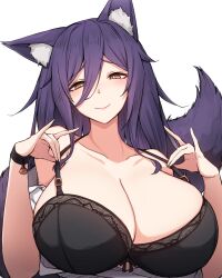 Rule 34 | 1girl, absurdres, animal ear fluff, animal ears, bell, black bra, bra, bracelet, breasts, cleavage, closed mouth, collarbone, commission, fox ears, fox girl, fox tail, hair between eyes, highres, jewelry, jingle bell, large breasts, long hair, looking at viewer, original, pixiv commission, purple hair, rikuguma, simple background, smile, solo, tail, underwear, upper body, white background