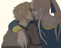 Rule 34 | 2boys, about to kiss, arm around shoulder, blonde hair, blue eyes, brown eyes, canute, eyelashes, highres, hood, long hair, looking at another, male focus, multiple boys, open mouth, prince, profile, ribbon, sidelocks, simple background, thorfinn, viking, vinland saga, white background, yaoi