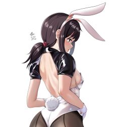 Rule 34 | animal ear headwear, animal ears, brown hair, dated, detached collar, fake animal ears, fake tail, from behind, fubuki (kancolle), green eyes, kantai collection, leotard, light blush, looking to the side, low ponytail, medium hair, open mouth, pantyhose, playboy bunny, rabbit ears, rabbit tail, sidelocks, signature, simple background, tail, tk8d32, white background, white leotard, wrist cuffs