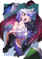 Rule 34 | 1girl, ass, bird wings, black footwear, book, boots, feathered wings, fingernails, grey hair, gyouza (mhea5724), head wings, highres, horns, knees, legs, long fingernails, long sleeves, multicolored hair, nail polish, open mouth, purple hair, red eyes, red nails, red wings, sharp fingernails, short hair, single head wing, smile, solo, tokiko (touhou), touhou, wide sleeves, wings