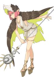 Rule 34 | 1girl, black wings, blue eyes, blunt bangs, bob cut, breasts, circe (fate), closed mouth, collarbone, crossed legs, dress, eyelashes, facing away, fate/grand order, fate (series), feathered wings, feathers, full body, highres, holding, holding staff, ichiroku (sakumogu-029), leaning, leaning forward, multicolored eyes, palms, pink eyes, pink hair, pointy ears, sandals, short dress, short hair, simple background, small breasts, smile, solo, staff, thigh strap, tiara, toenails, watson cross, white background, white dress, white wings, wings