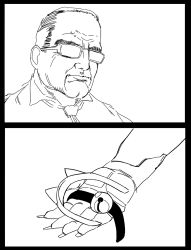Rule 34 | 2boys, 2koma, animal ears, bamman, bell, cat ears, chin, comic, expressionless, fake animal ears, forehead, glasses, greyscale, highres, meme, metal gear (series), metal gear rising: revengeance, monochrome, multiple boys, neck bell, necktie, old, old man, outstretched hand, raiden (metal gear), sad cat dance (meme), short hair, simple background, steven armstrong, upper body, very short hair