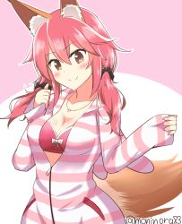 Rule 34 | 10s, 1girl, animal ears, blush, breasts, brown eyes, cleavage, fate/extra, fate (series), fox ears, fox tail, jacket, long hair, looking at viewer, moninora (moninora83), official alternate costume, simple background, smile, solo, striped, tail, tamamo no mae (fate/extra), tamamo no mae (spring casual) (fate), track jacket, twintails, twitter username, white background