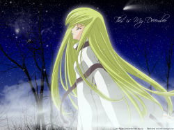 Rule 34 | artist request, text background, bodysuit, c.c., code geass, english text, eyebrows hidden by hair, fog, from side, highres, long hair, looking away, night, night sky, outdoors, parted lips, sidelocks, sky, snowflakes, star (sky), starry sky, strap, tree, very long hair, white bodysuit, wide sleeves, winter, yellow eyes