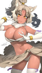 Rule 34 | 1girl, animal ear fluff, animal ears, bare shoulders, bikini, breasts, cleavage, closed mouth, commentary, dancing, dark-skinned female, dark skin, dated, elbow gloves, facial mark, fang, fang out, forehead mark, fur collar, gloves, groin, happa (cloverppd), high ponytail, highres, indian wolf (kemono friends), kemono friends, kemono friends 3, large breasts, looking at viewer, navel, orange eyes, panties, ponytail, shiny skin, signature, smile, socks, solo, stomach, sweat, swimsuit, underwear, white background, white gloves, wolf ears, wolf girl