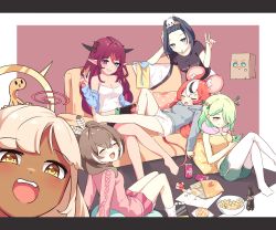 Rule 34 | 6+girls, absurdres, bike shorts, blue eyes, blush, boros (ouro kronii), bread, breasts, can, ceres fauna, cleavage, couch, dark-skinned female, dark skin, digital media player, drink can, food, friend (nanashi mumei), hakos baelz, heterochromia, highres, holding, holocouncil, hololive, hololive english, hood, hoodie, horns, irys (hololive), joy-con, letterboxed, limiter (tsukumo sana), long hair, looking at viewer, melon bread, mr. squeaks (hakos baelz), multicolored hair, multiple girls, namiorii, nanashi mumei, nintendo, nintendo switch, off shoulder, open mouth, ouro kronii, pointy ears, purple eyes, purple hair, red hair, skirt, sleeping, smile, snack, snake, soda bottle, soda can, spaghetti strap, streaked hair, sweater, tsukumo sana, virtual youtuber, yatagarasu (tsukumo sana)
