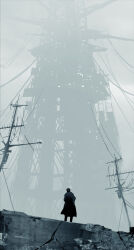 Rule 34 | 1other, absurdres, black coat, coat, commentary, concrete, day, fog, from behind, haru akira, highres, original, outdoors, power lines, radio antenna, scenery, solo, standing, tower, wide shot