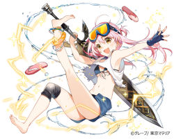 Rule 34 | 1girl, barefoot, blush, character request, copyright request, denim, denim shorts, flip-flops, full body, goggles, goggles on head, holding, holding sword, holding weapon, long hair, looking at viewer, navel, official art, open mouth, pink hair, sandals, shorts, smile, solo, sword, water, weapon, yellow eyes, yuzuki kihiro