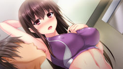 Rule 34 | 1boy, 1girl, aldehyde, armpits, blush, brown hair, collarbone, covered erect nipples, crop top, game cg, licking, licking armpit, long hair, looking at viewer, midriff, nama love, navel, oct works (company), open mouth, pink eyes, toono mafuyu