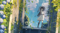 Rule 34 | 1girl, black eyes, black hair, black legwear, blue sky, boots, closed mouth, cloud, commentary request, day, flower, grass, gravity, hat, huanxiang huifeng, hydrangea, leaf, looking at viewer, original, outdoors, pigeon-toed, reflection, ripples, river, scenery, skirt, sky, solo, standing, vest, water drop, water surface, white hat, white skirt, white vest, witch, witch hat